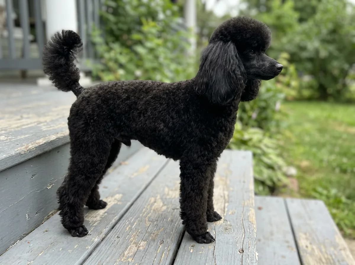 Black Toy Poodle in side profile on gray porch steps, showing its topknot, long ears, curly coat, and raised tail
