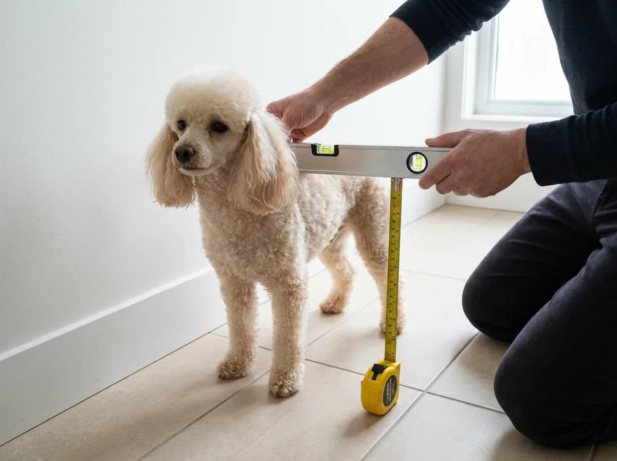 Owner measuring a cream Toy Poodle at the withers with a level and a tape measure on a tiled floor
