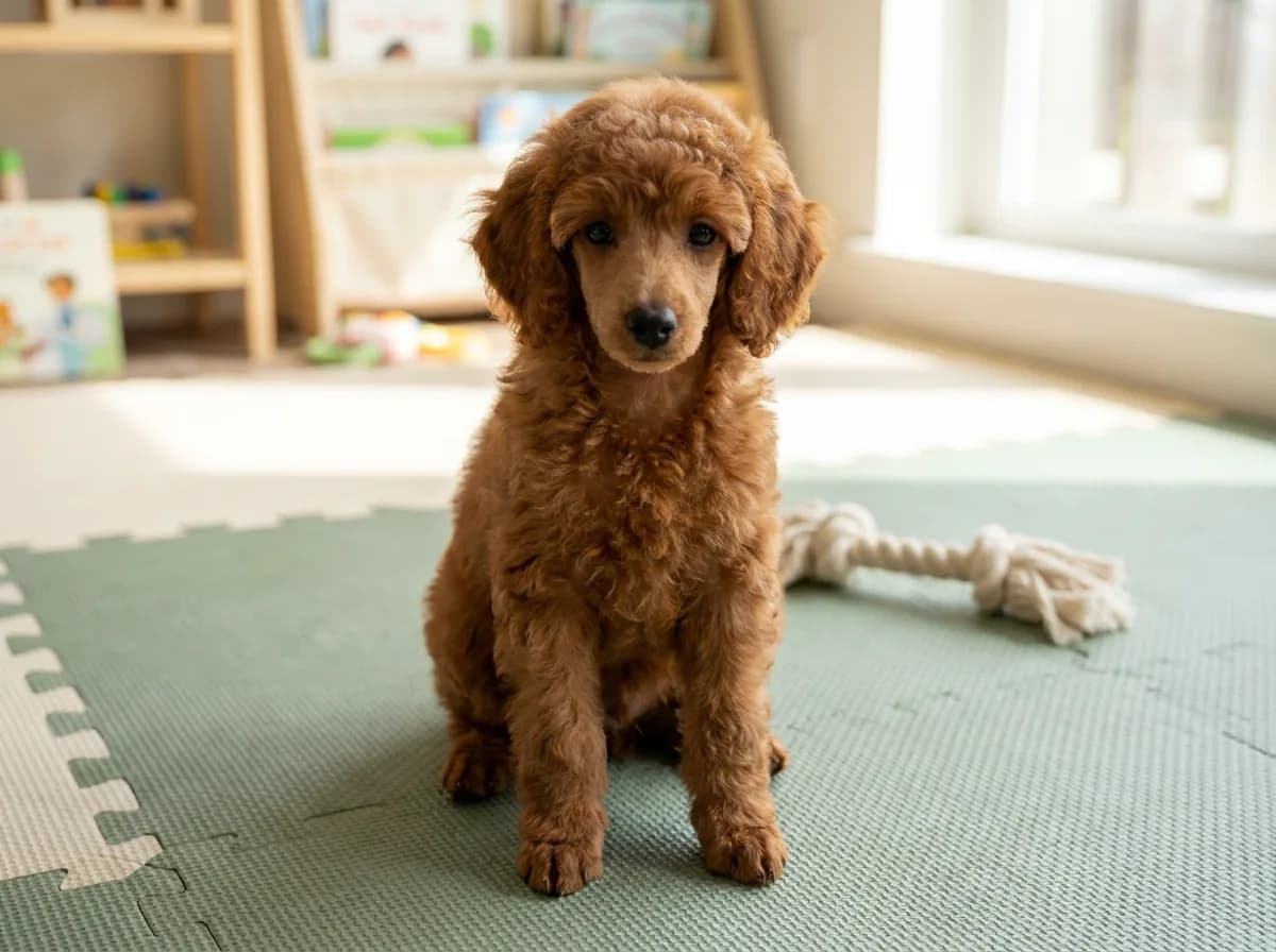 Red Toy Poodle puppy sitting on a green foam play mat beside a rope toy in a sunny playroom