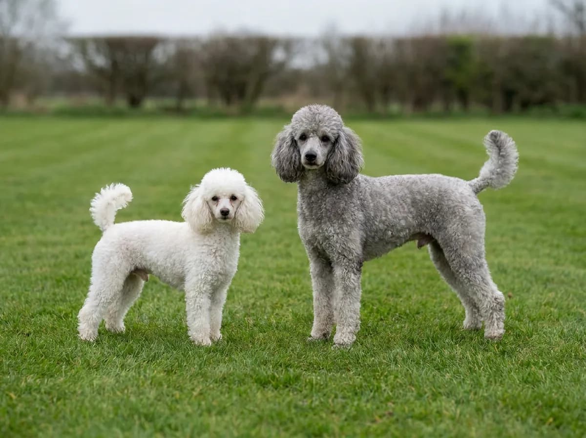 White Toy Poodle standing beside a taller silver Miniature Poodle on a mown lawn, both turned toward the camera