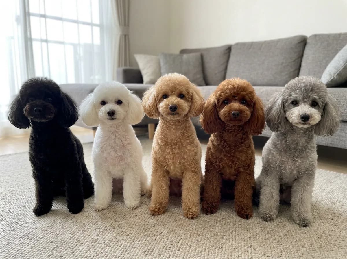 Five Toy Poodles in teddy bear trims sitting on a rug, from left: black, white, apricot, red, and silver