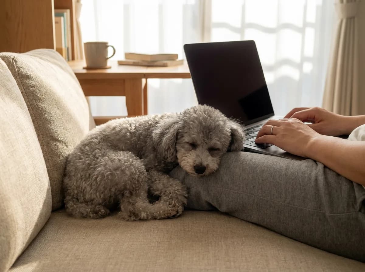 Gray Toy Poodle asleep on a sofa with its chin on its owner's leg while the owner types on a laptop