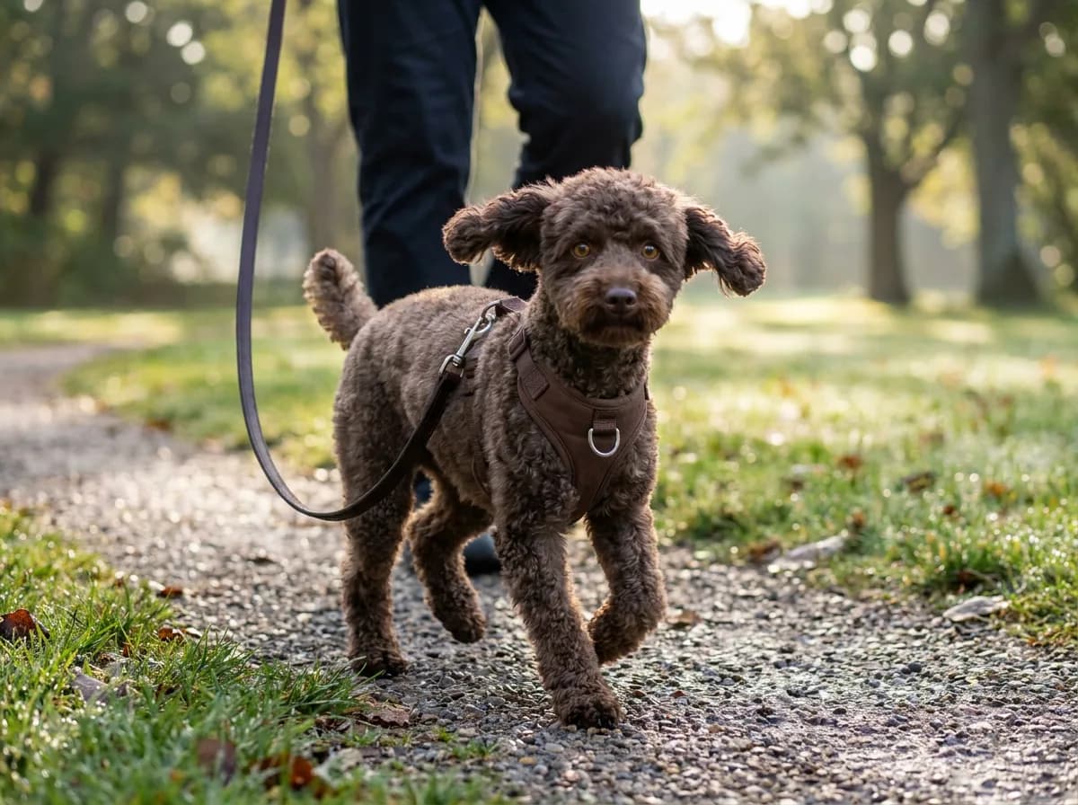Brown Toy Poodle trotting on a gravel park path in a padded vest harness with the leash clipped to its back ring