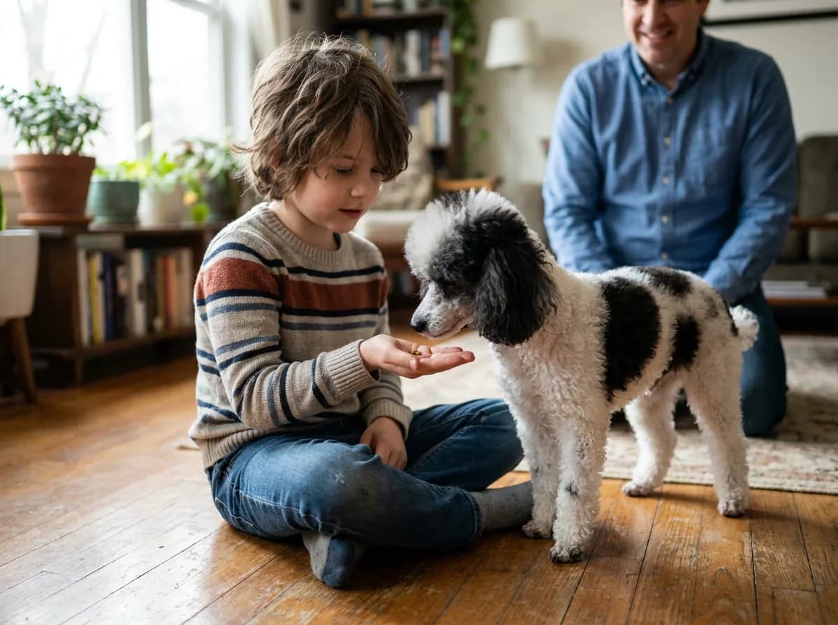 Child sitting on a living room floor offering a treat from a flat palm to a black and white parti Poodle