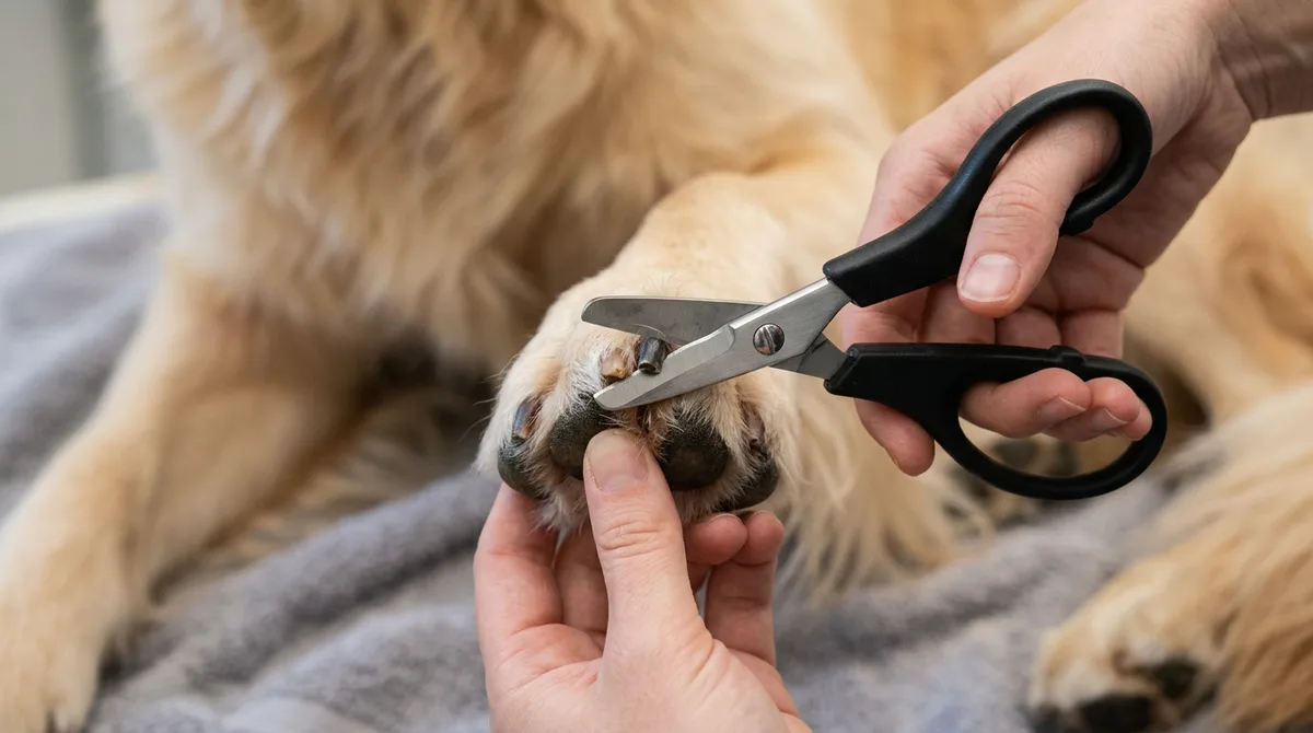 A dog clipper held at a 45-degree angle against a nail, cutting from underneath along the curve