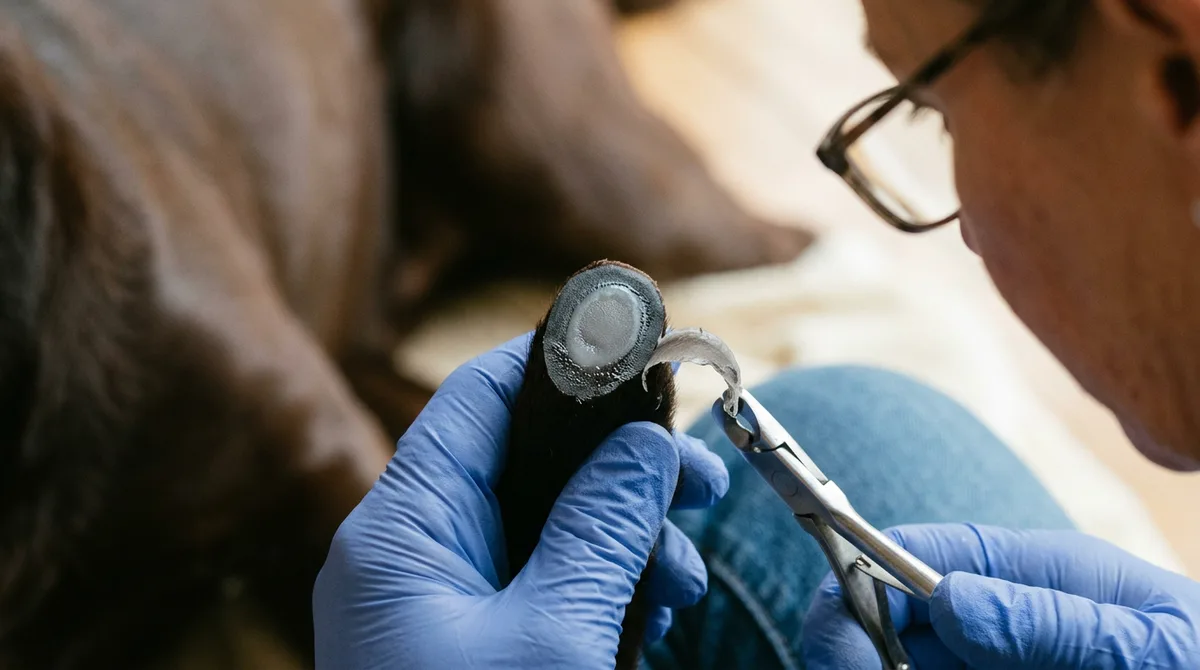 A black dog nail shaved in thin slivers while inspecting the cut face for the quick