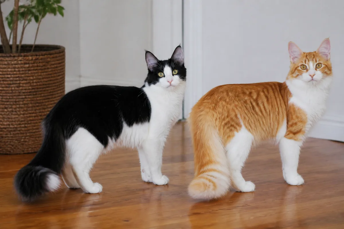 Black-and-white and red-tabby-and-white Turkish Angoras showing different white spotting