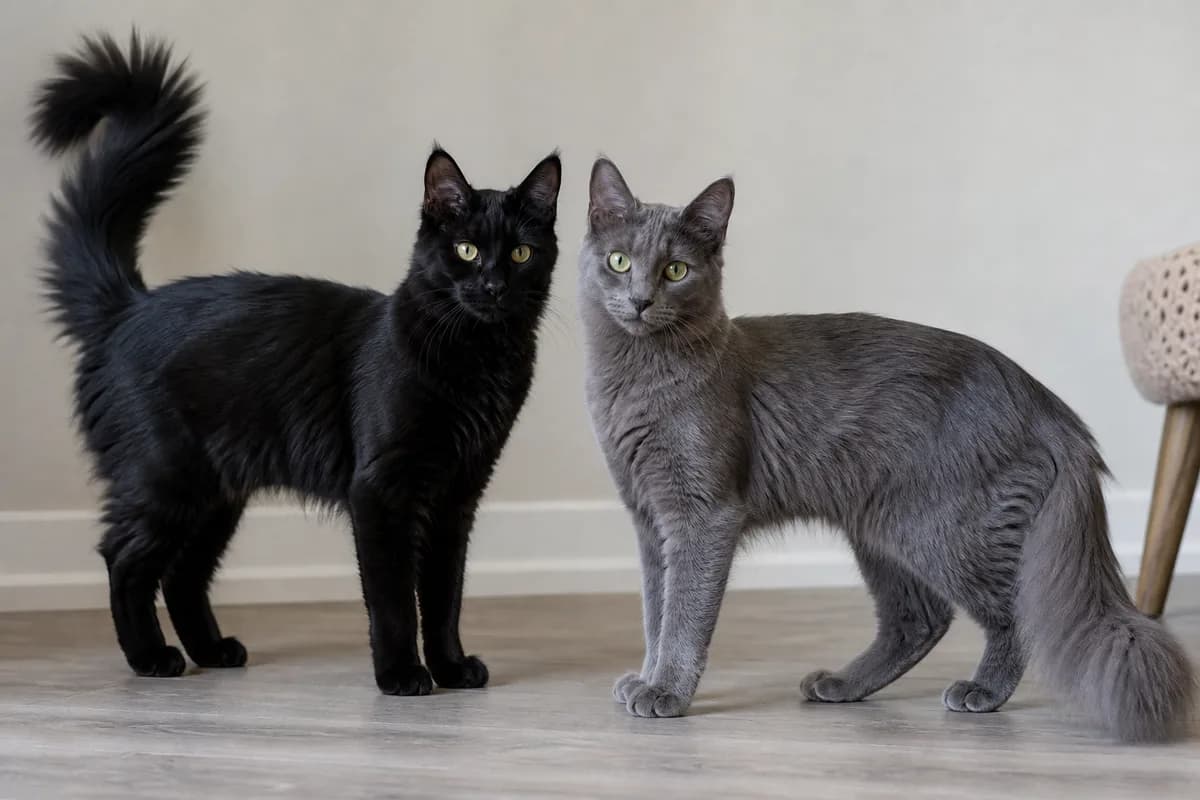 Black and blue-gray Turkish Angoras standing in the same neutral light for comparison