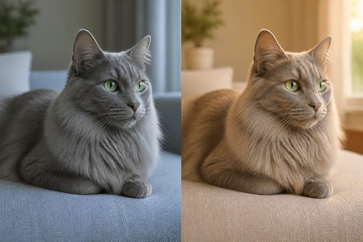 Same blue-gray Turkish Angora photographed in cool shade and warm window light as a split editorial comparison