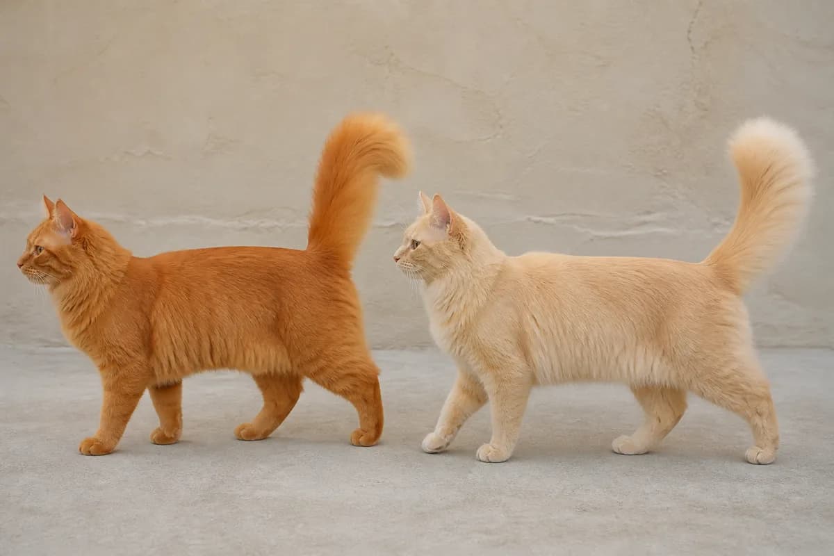 Red-orange and pale cream Turkish Angoras showing clear solid coats