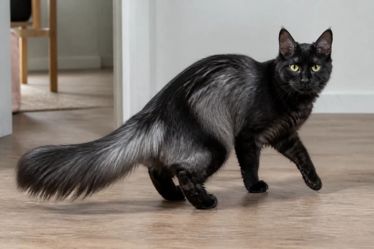 Black smoke Turkish Angora in motion so the pale basecoat is visible