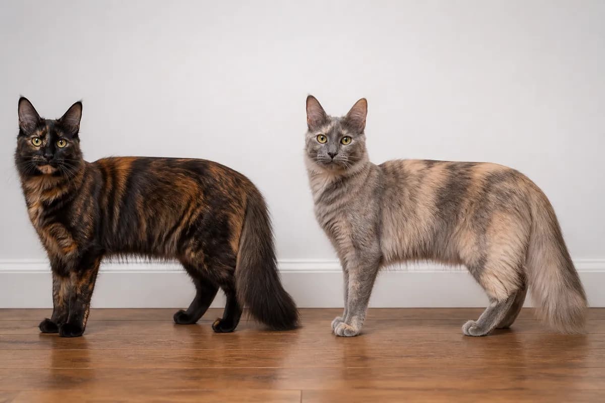Tortoiseshell and blue-cream Turkish Angoras in balanced side views
