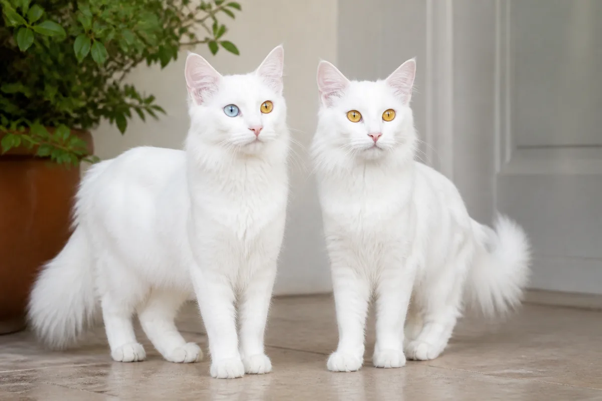White Turkish Angora with amber eyes beside a white odd-eyed Turkish Angora