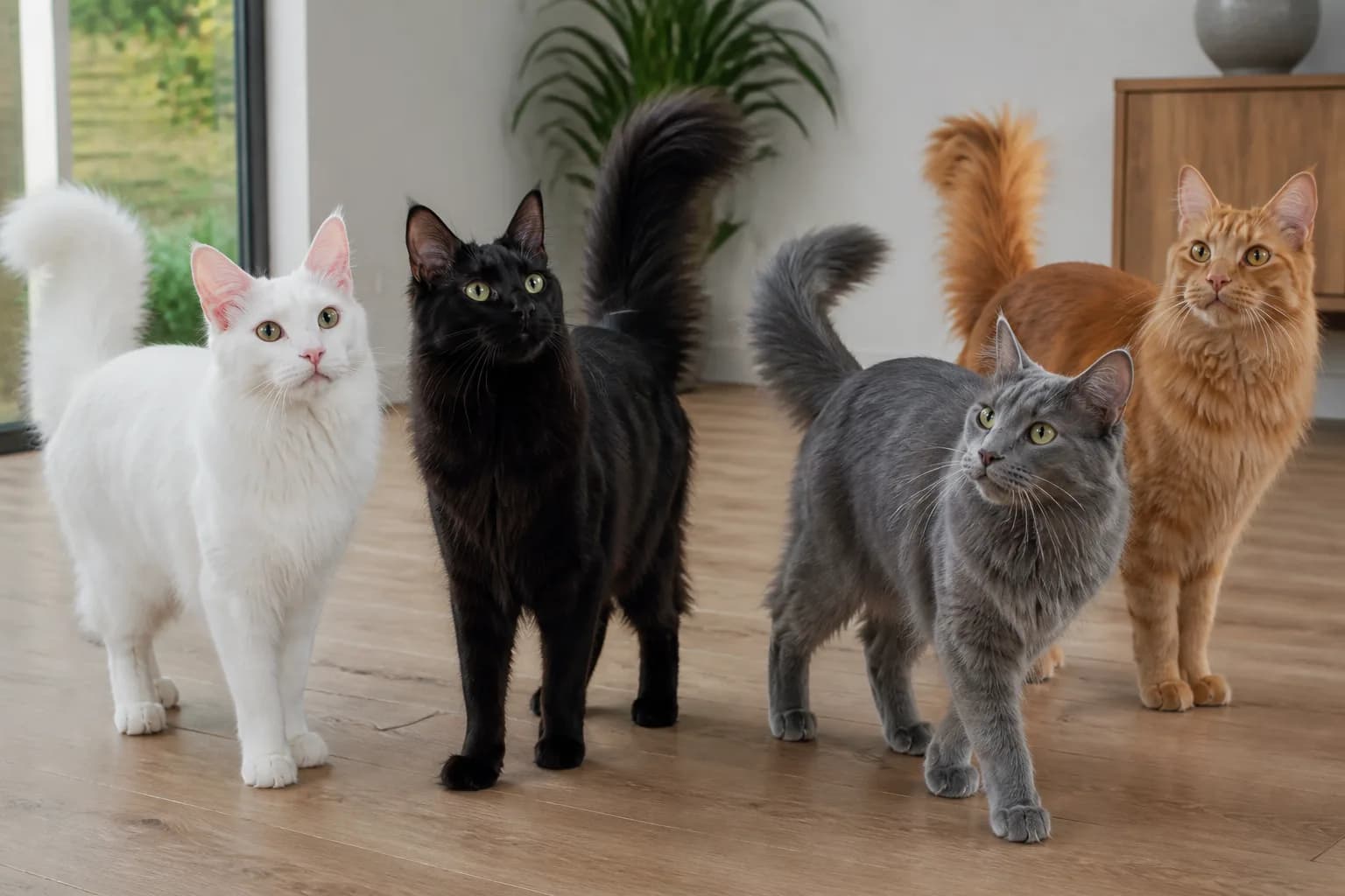 Four adult Turkish Angoras together showing white, black, blue-gray, and red-orange coats in natural light