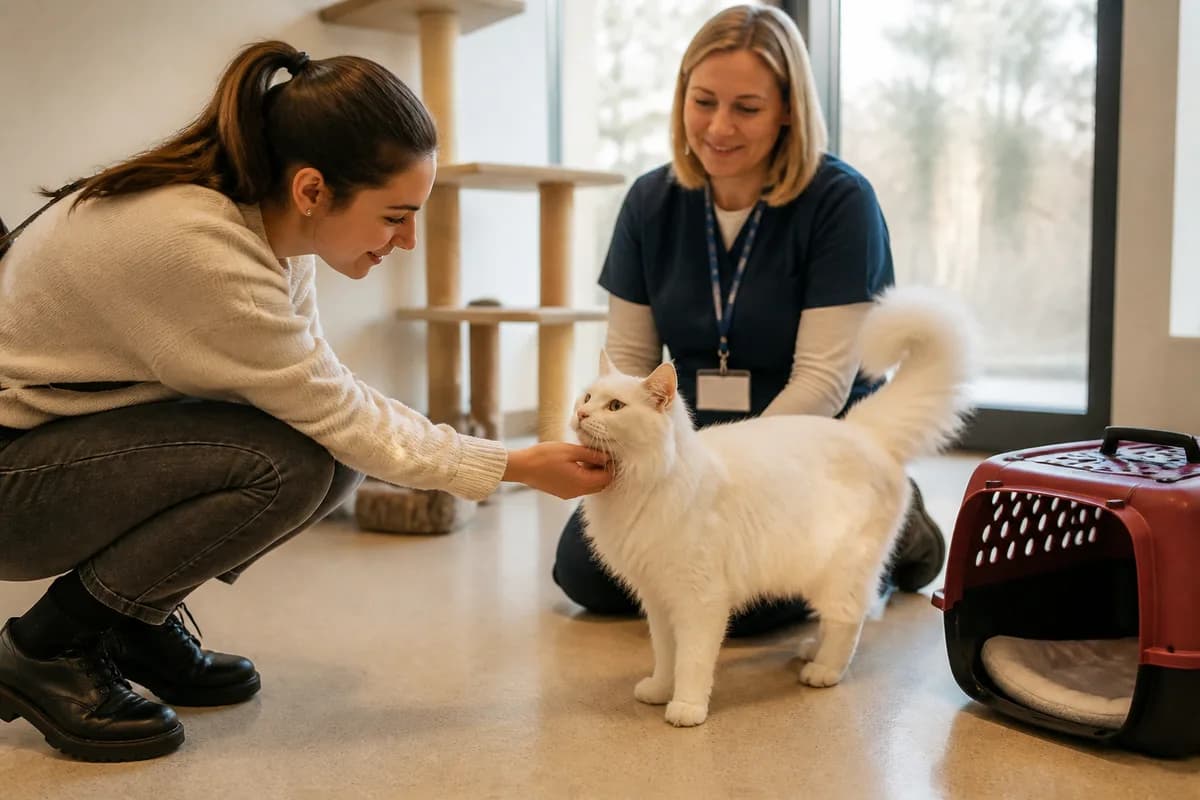 Adult Turkish Angora-type cat meeting an adopter at a rescue without implying confirmed pedigree