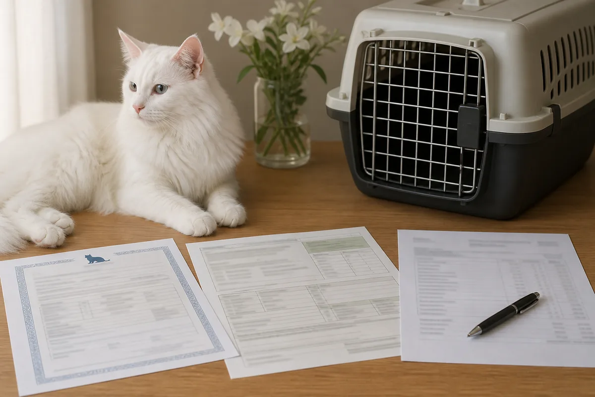 Neutral breeder quote, pedigree, vaccine record, and carrier arranged for comparison with private details obscured