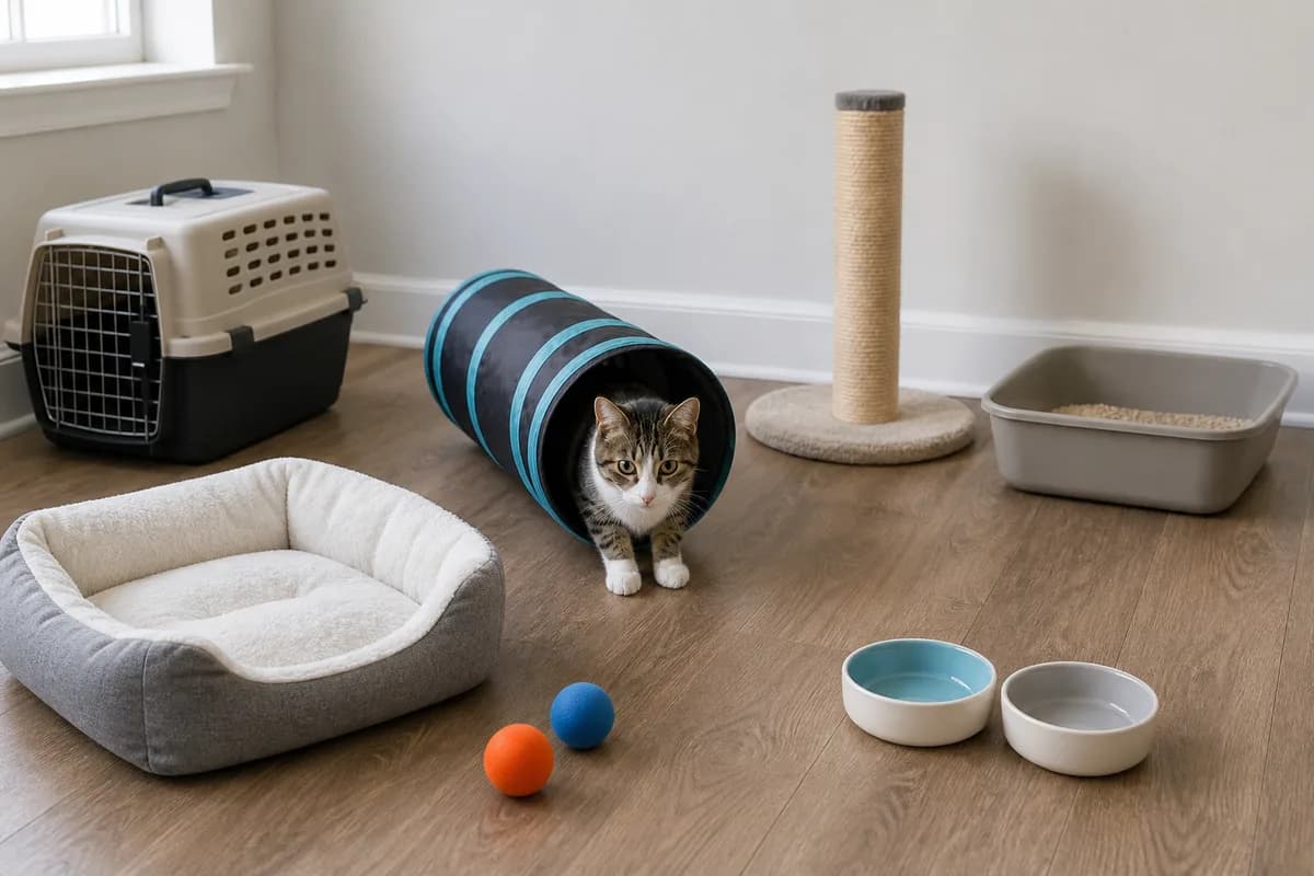 Unbranded cat carrier, bed, scratcher, bowls, litter setup, and toys arranged by purpose