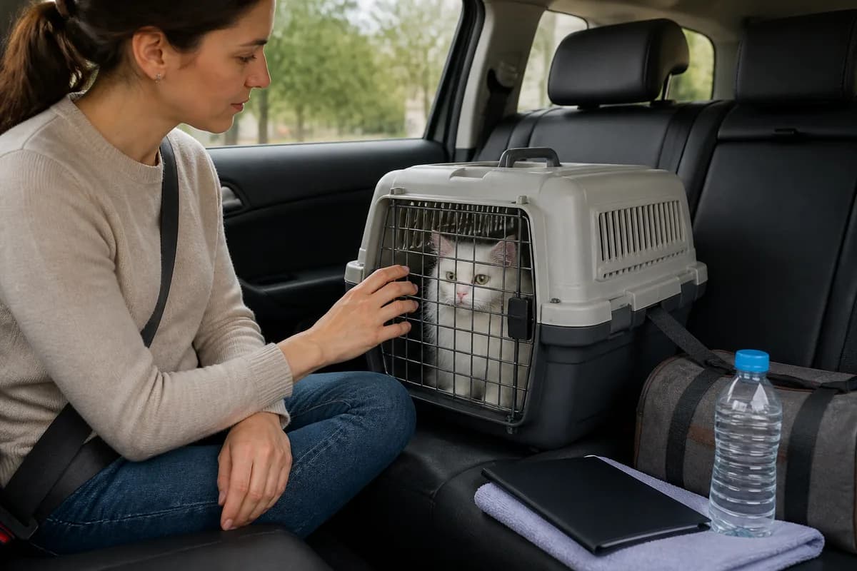 Secure Turkish Angora carrier beside neutral travel supplies in a parked vehicle, with no animal left unattended