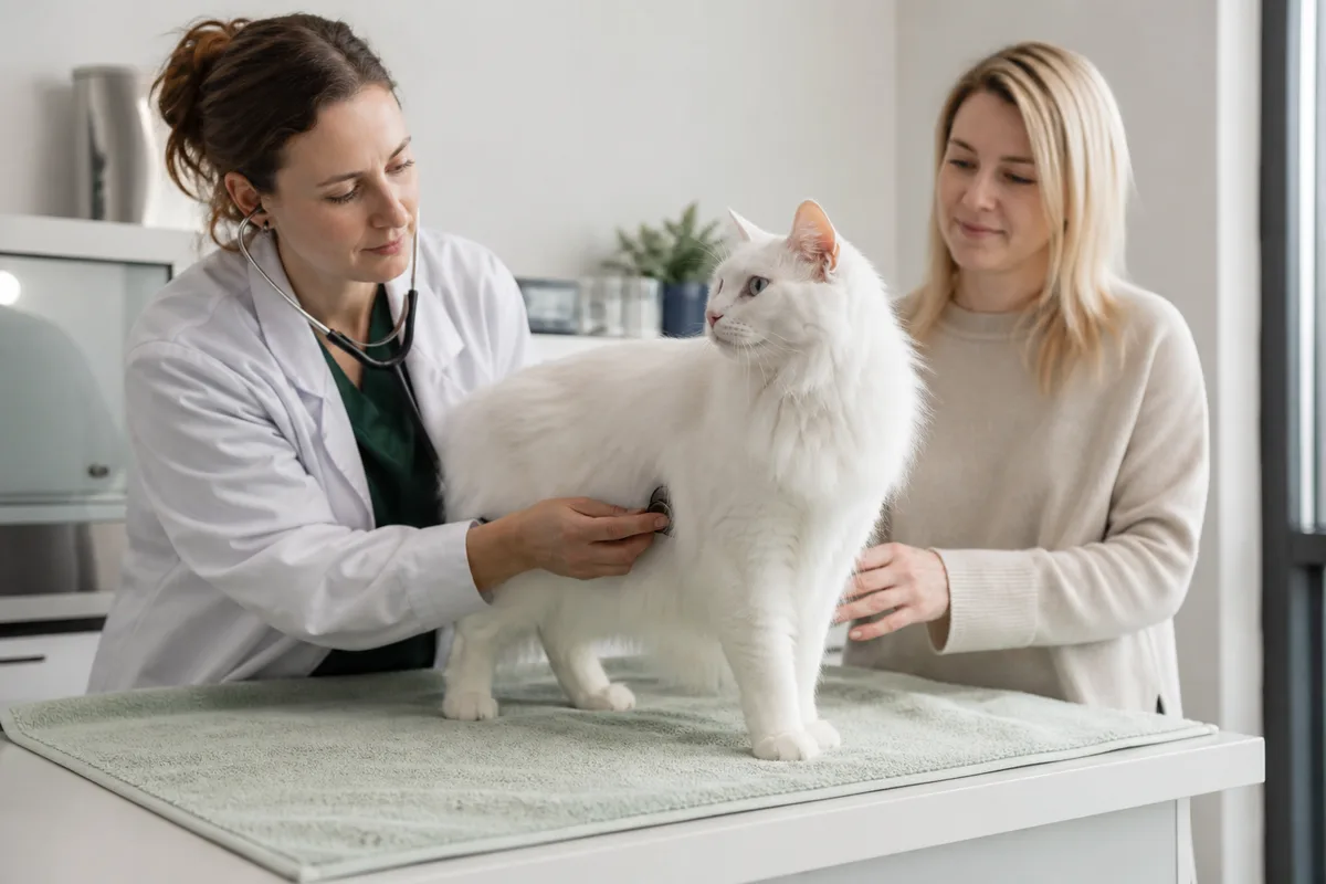 Turkish Angora receiving a calm routine veterinary exam