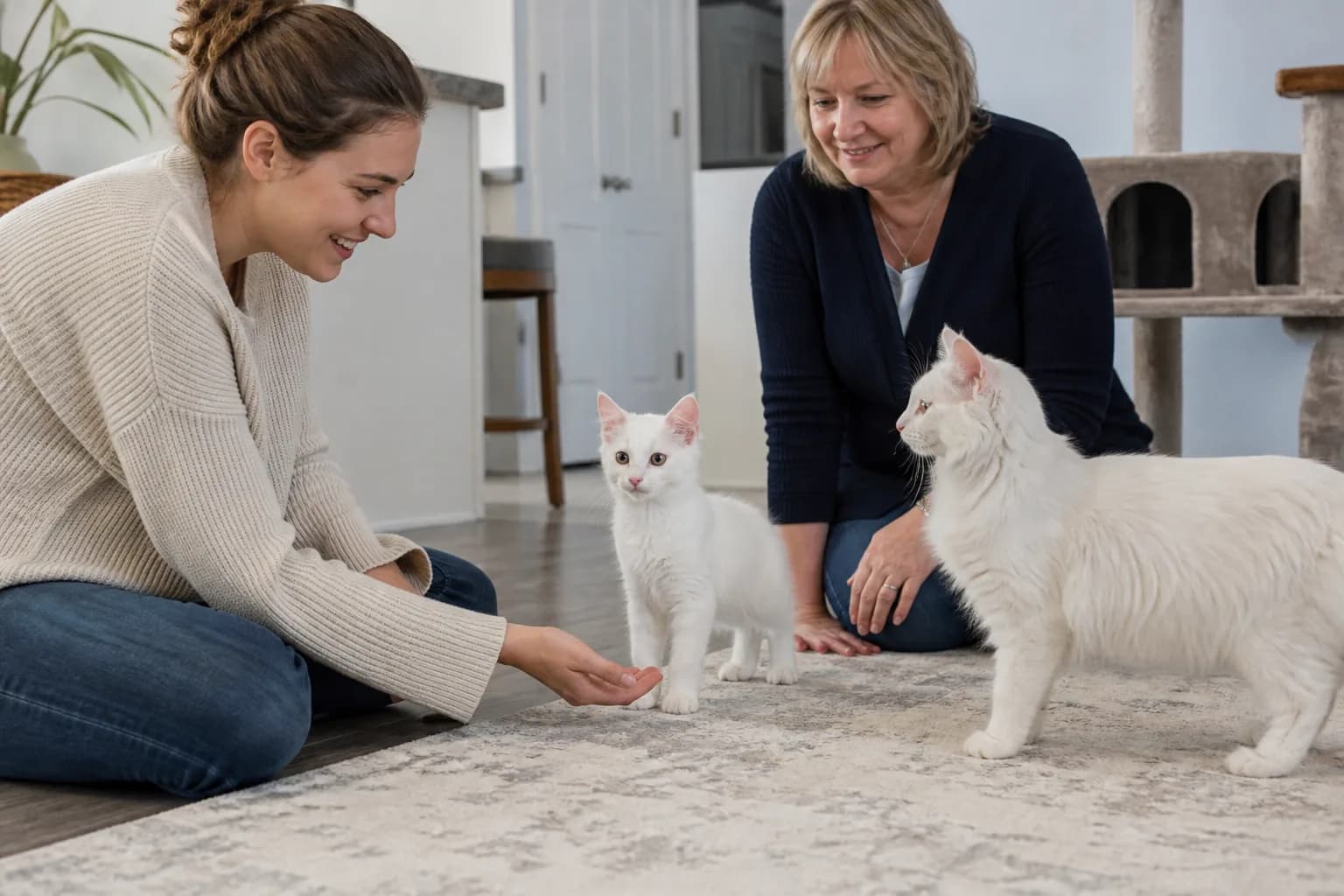 Prospective owner meeting a Turkish Angora kitten with a breeder in a clean lived-in home