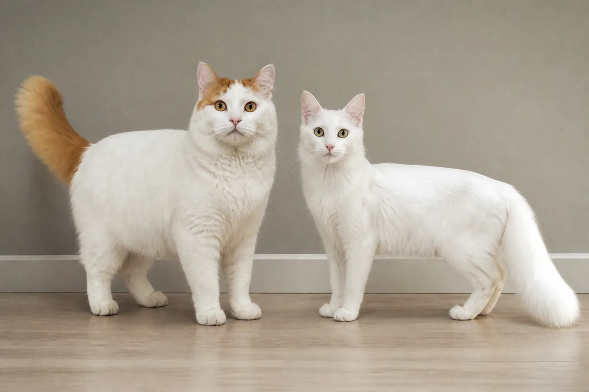 Side-by-side standing view showing the Turkish Van substantial build and Turkish Angora finer longer lines