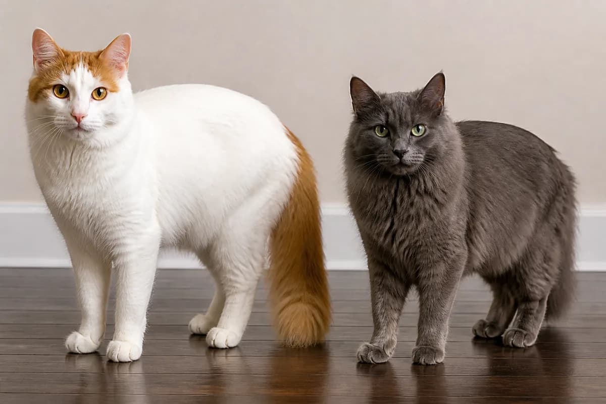 Turkish Van with classic head-and-tail color beside a colored Turkish Angora, without implying pattern proves ancestry