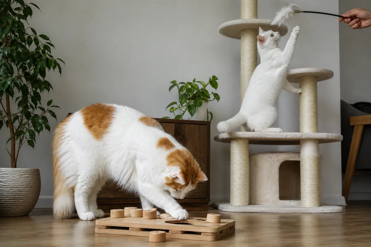 Both breeds using separate climbing and puzzle activities in a home