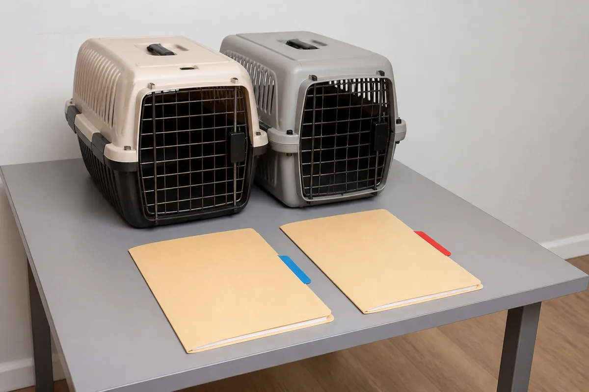 Two registry pedigree folders labeled only by breed beside neutral cat carriers, with private details obscured