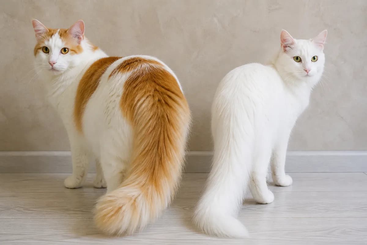 Rear three-quarter comparison showing the Turkish Van brush tail and Turkish Angora long tapering plume without exaggeration