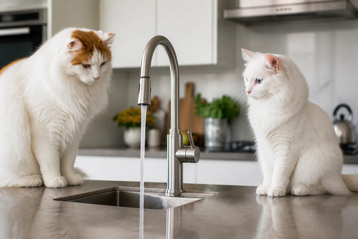 Turkish Van and Turkish Angora separately watching a running faucet, showing curiosity without forced bathing