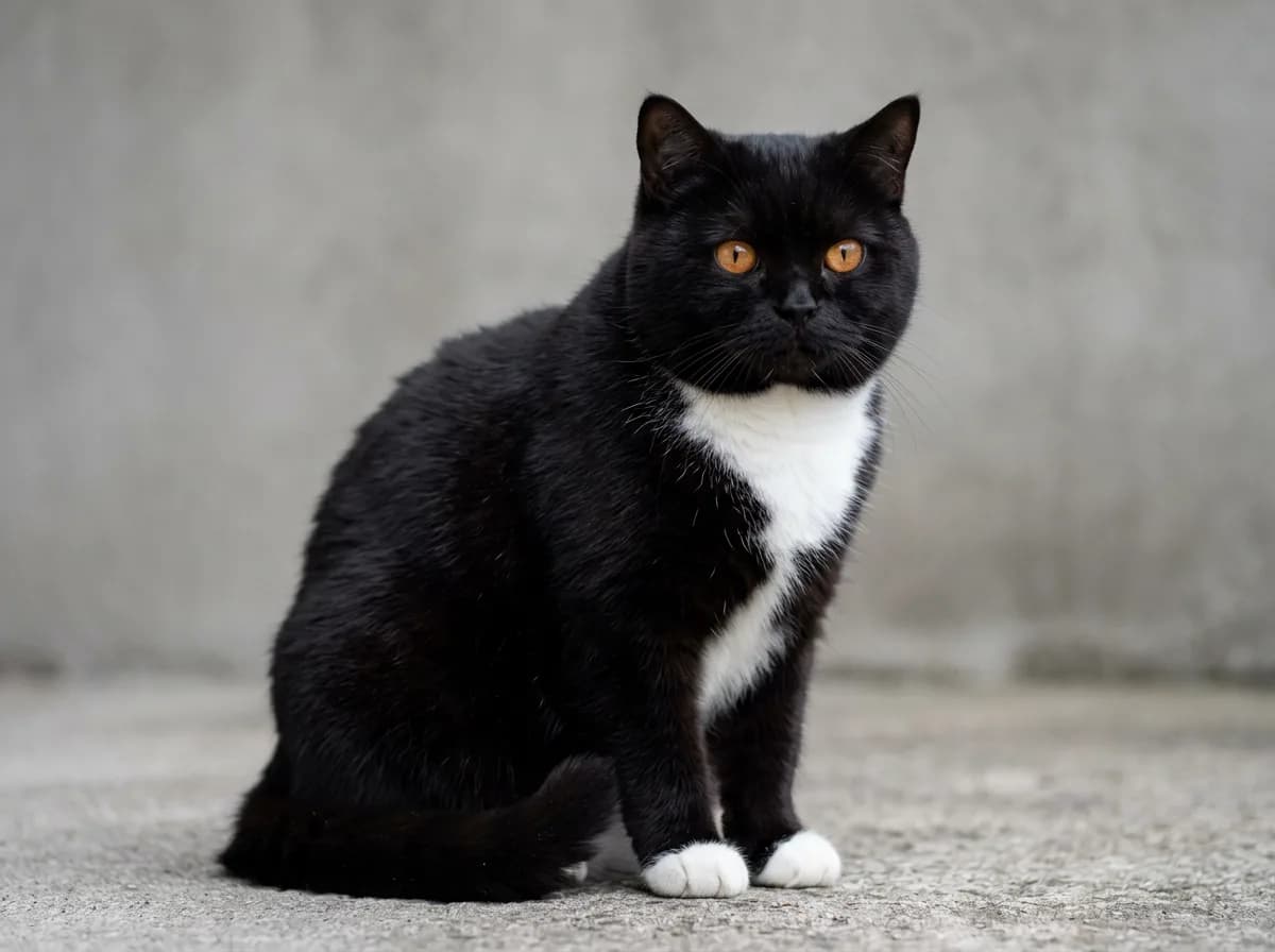 A plush short-haired black-and-white British Shorthair tuxedo cat with round copper eyes, dense coat, white chest, and white paws