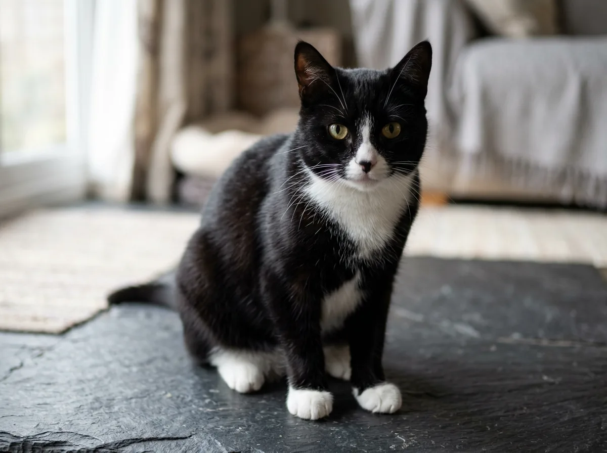 Close-up of a classic black-and-white tuxedo cat showing the white bib on the chest, white chin, and white front paws against a glossy black coat