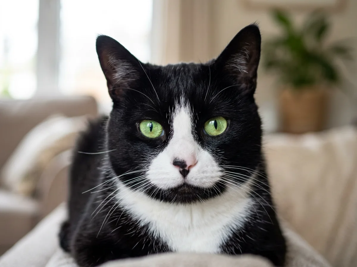 A tuxedo cat with bright green eyes and a white muzzle, photographed head-on to show eye color against the black-and-white face