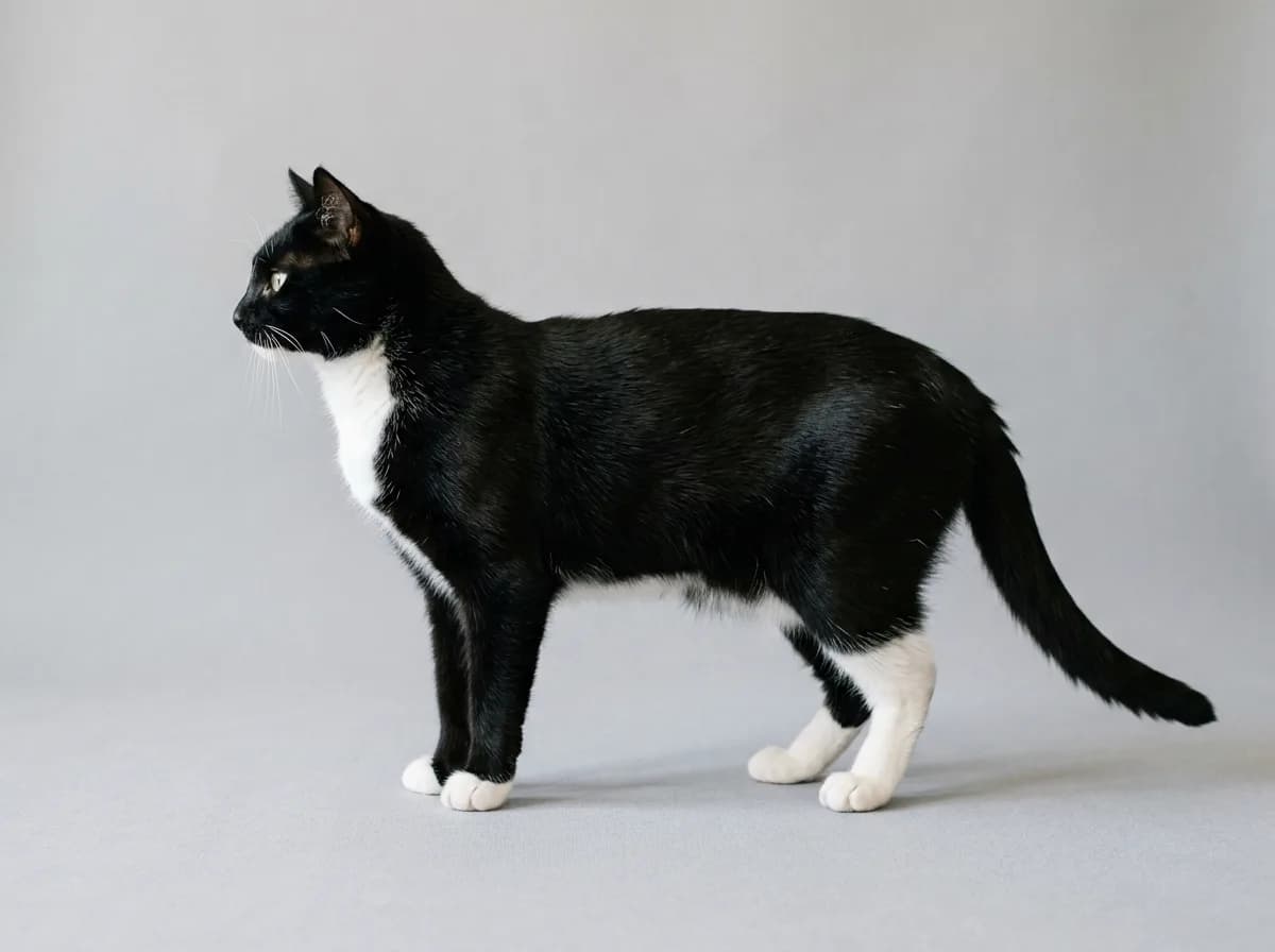 A full-body shot of a black-and-white tuxedo cat standing in profile, showing the black jacket over the back and the white bib, belly, and four white paws