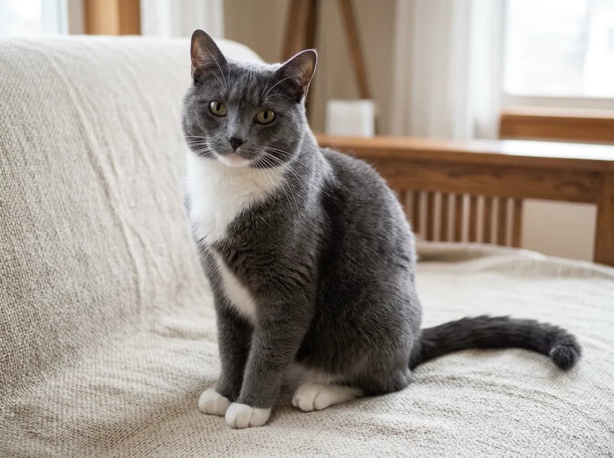 A grey (blue) tuxedo cat with soft slate-grey fur, a white chest bib, and white paws, showing the diluted version of the classic tuxedo