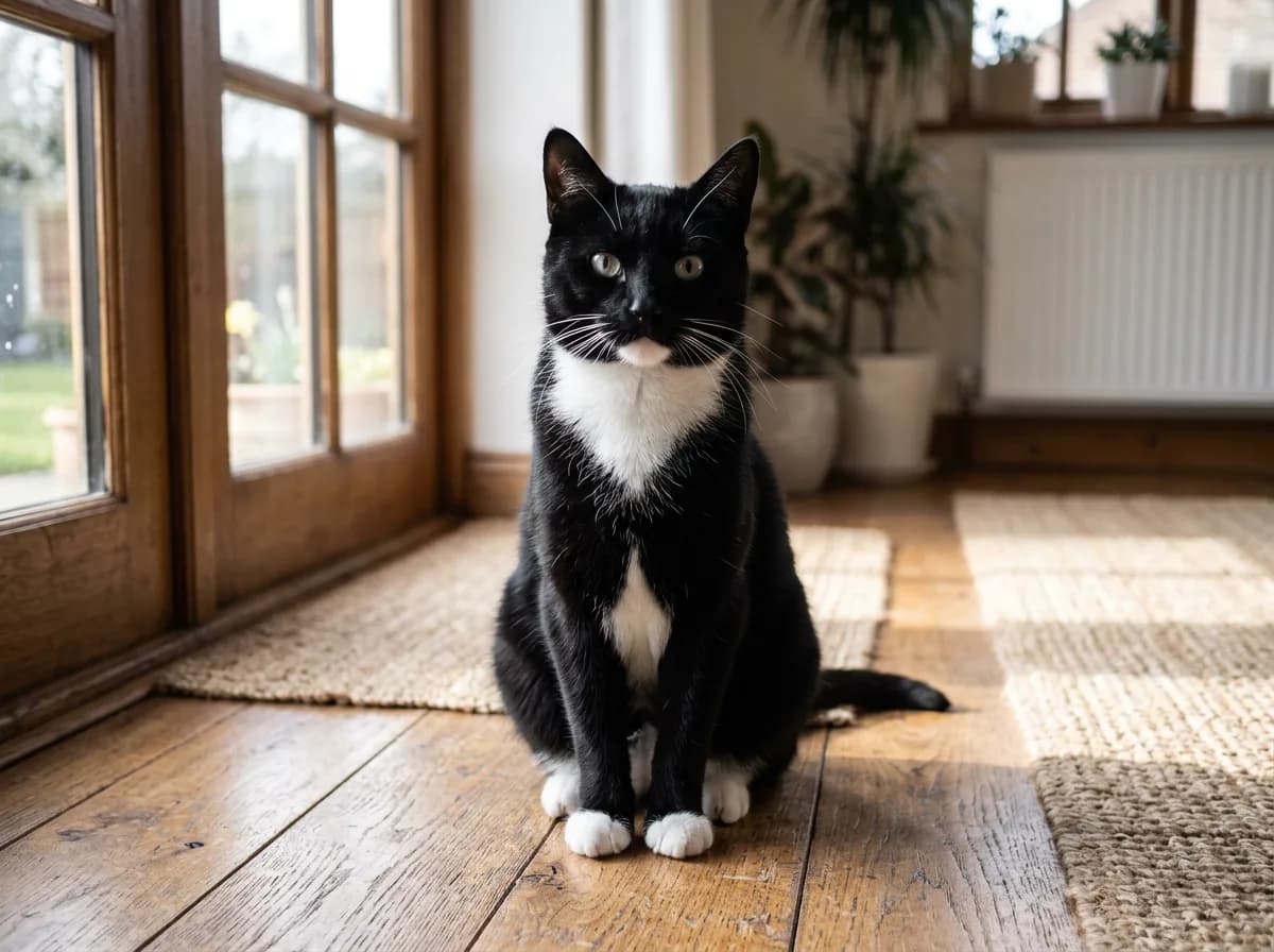 A classic black-and-white tuxedo cat with a glossy black coat, a crisp white chest and bib, and four white paws, sitting upright and looking at the camera