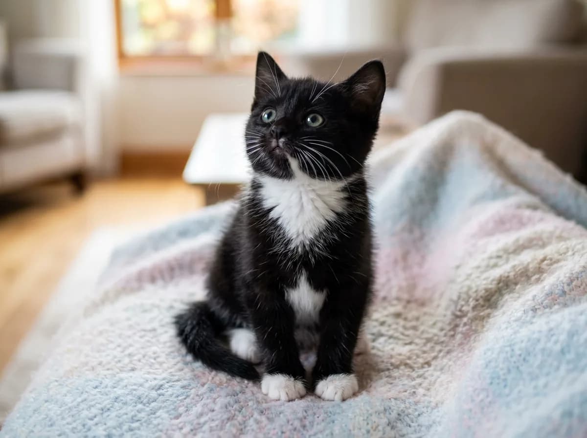 A young tuxedo kitten with a black coat, white chest, and white paws, sitting and looking up, white markings already clearly defined