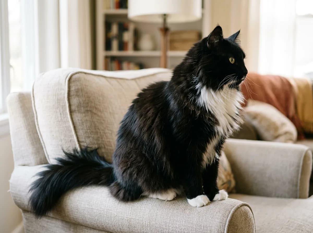 A fluffy long-haired tuxedo cat with a flowing black coat, a white chest ruff, and white paws, sitting in profile
