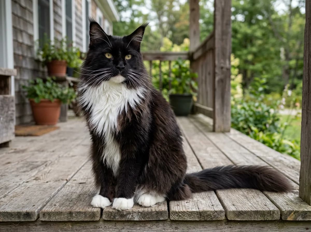 A large long-haired black-and-white Maine Coon tuxedo cat with tufted ears, a full ruff, and a bushy tail, white chest and paws against a black coat