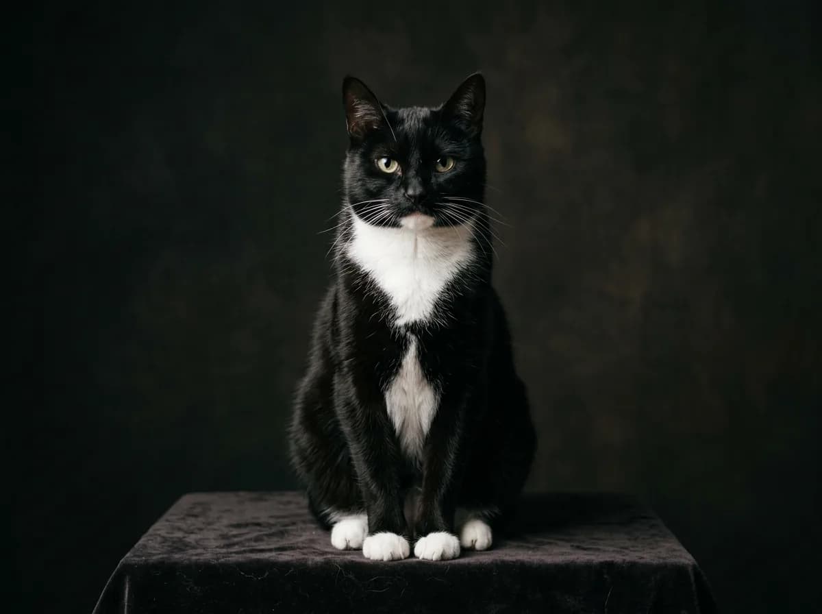 A dignified studio-style portrait of a black-and-white tuxedo cat sitting upright with a crisp white bib, evoking the formal black-tie look that gave the pattern its name