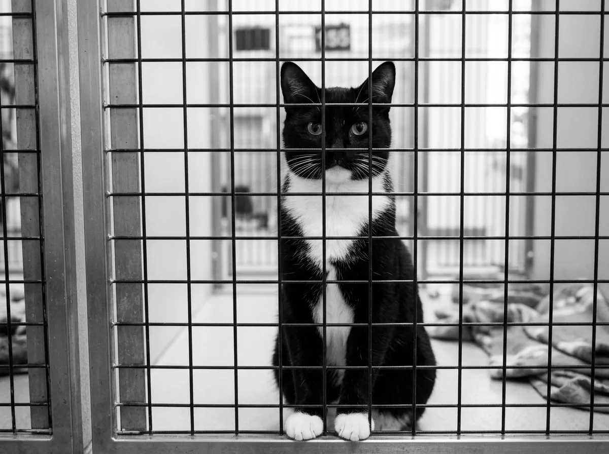 A black-and-white tuxedo cat looking out from a shelter adoption cage, white chest and paws visible, waiting to be adopted