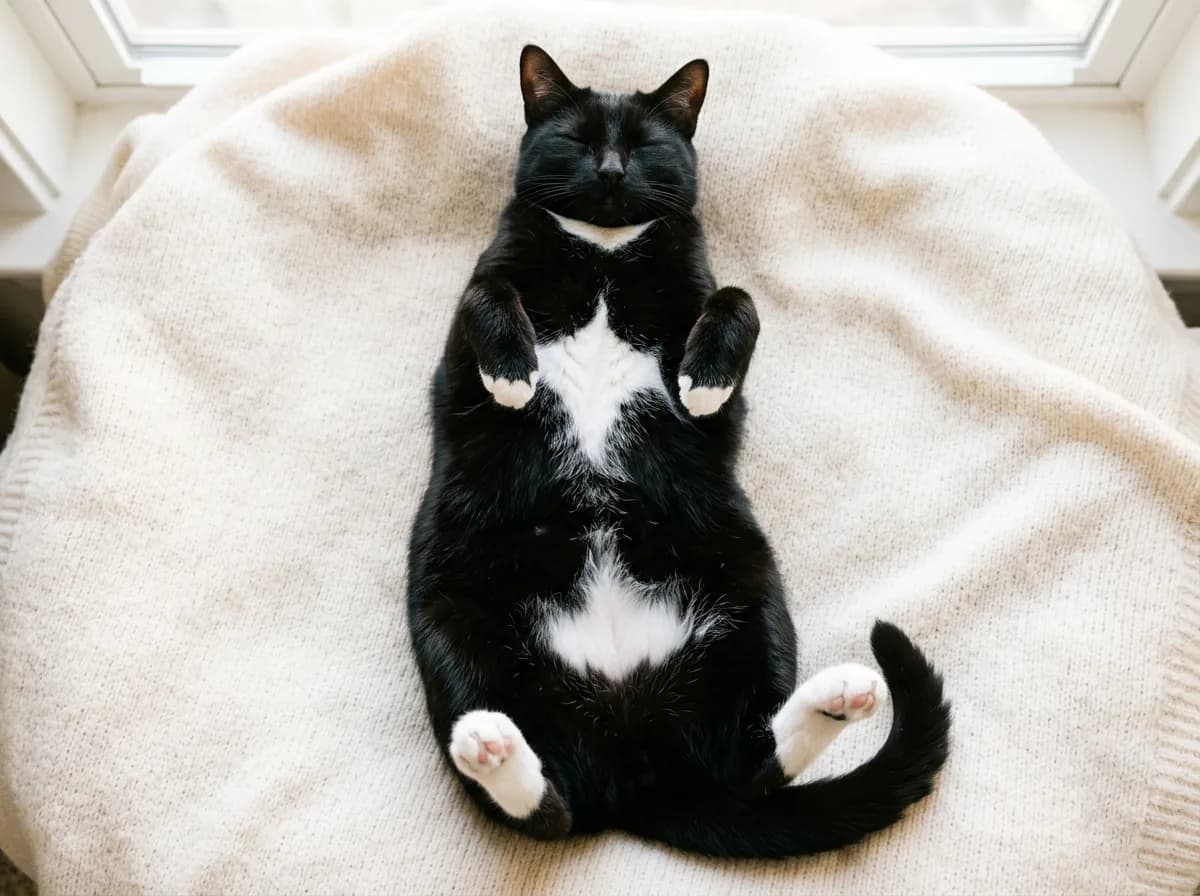 A tuxedo cat from above showing four white paws and a white belly stripe against black fur, illustrating the white mittens and white underside