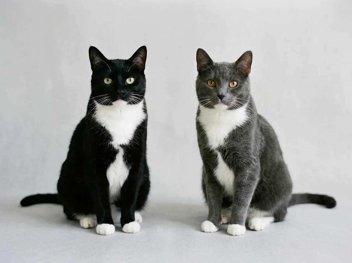 A classic black-and-white tuxedo cat sitting upright beside a grey-and-white tuxedo cat, both with white chests and paws, photographed on a neutral studio background