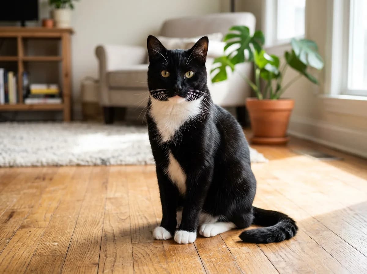 A classic black-and-white tuxedo cat with a glossy black back and crisp white chest, belly, and front paws, sitting facing the camera
