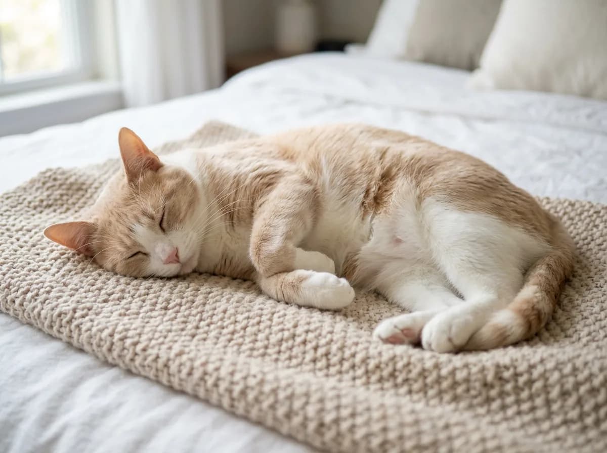 A pale cream-and-white tuxedo cat with a soft buttery dilute coat over the back and a white chest and paws, lying on a light blanket