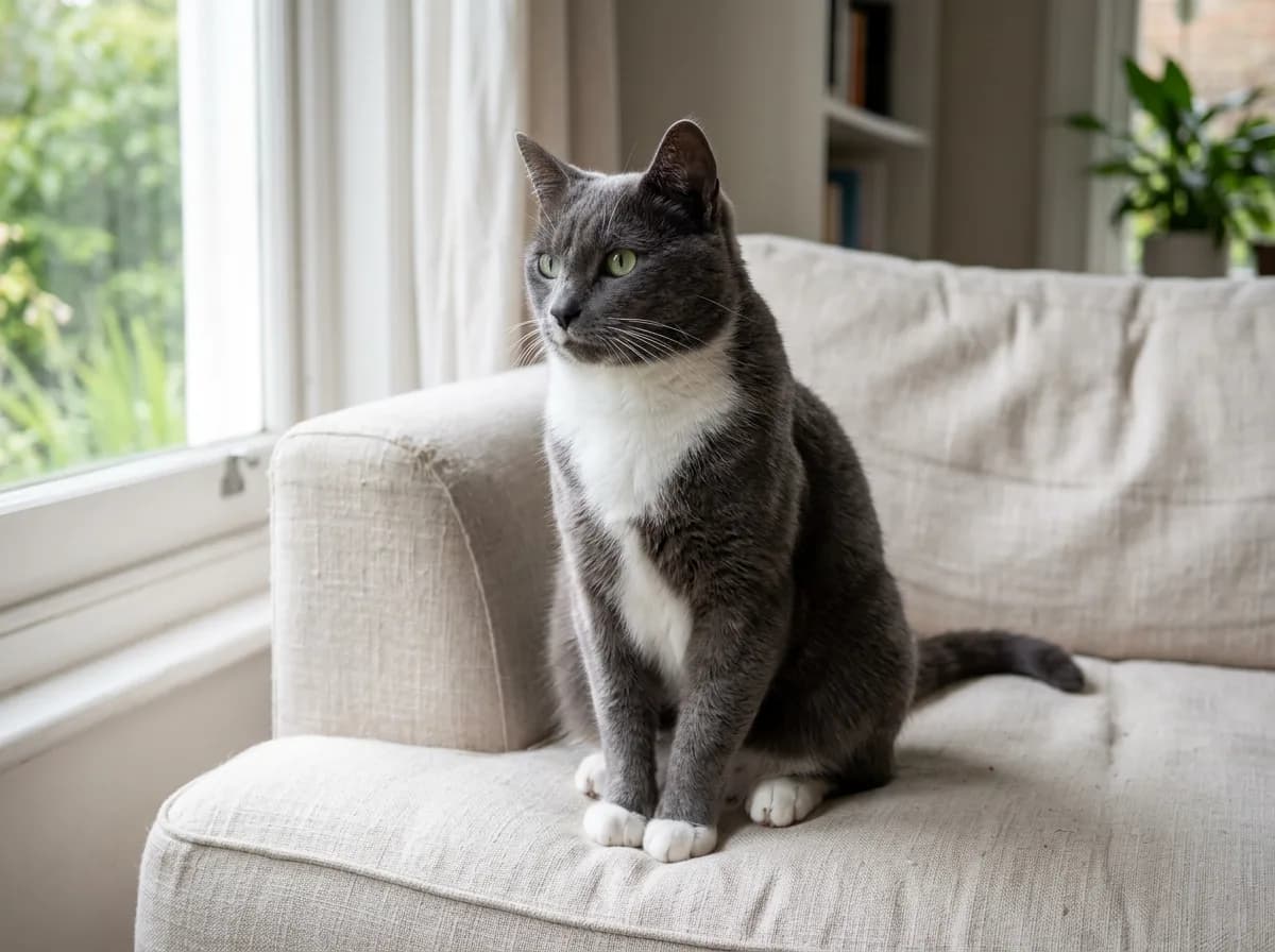 A grey-and-white (blue and white) tuxedo cat with a smoky blue-grey coat over the back and head and a bright white chest and paws, photographed in soft daylight