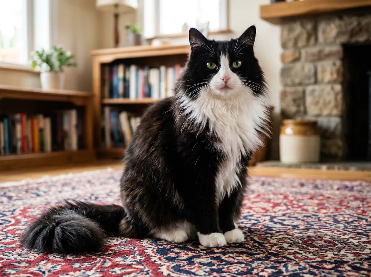 A fluffy long-haired black-and-white tuxedo cat with a thick ruff and plumed tail, white chest and paws, sitting upright on a rug