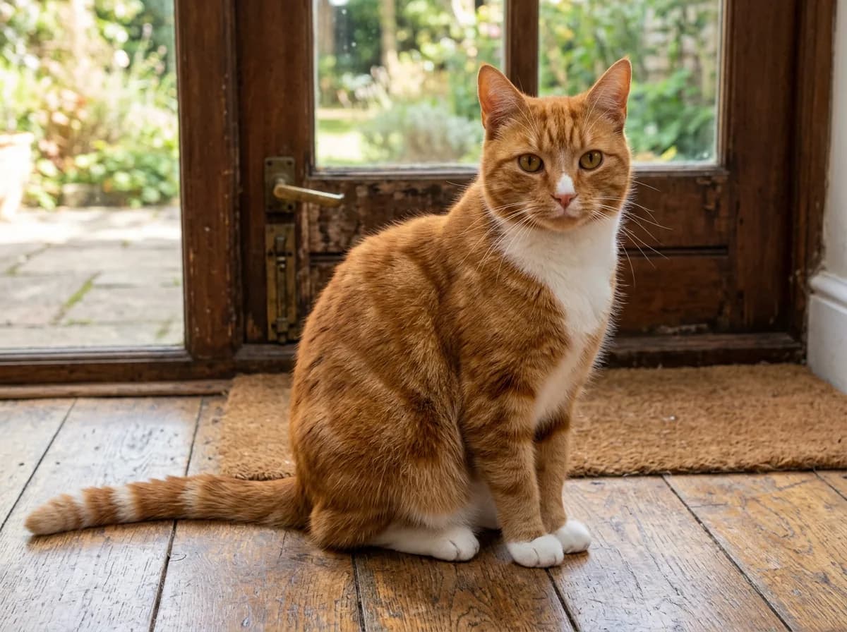 An orange-and-white tuxedo cat with a ginger-tabby back and head and a clean white chest, belly, and paws, sitting on a wooden floor