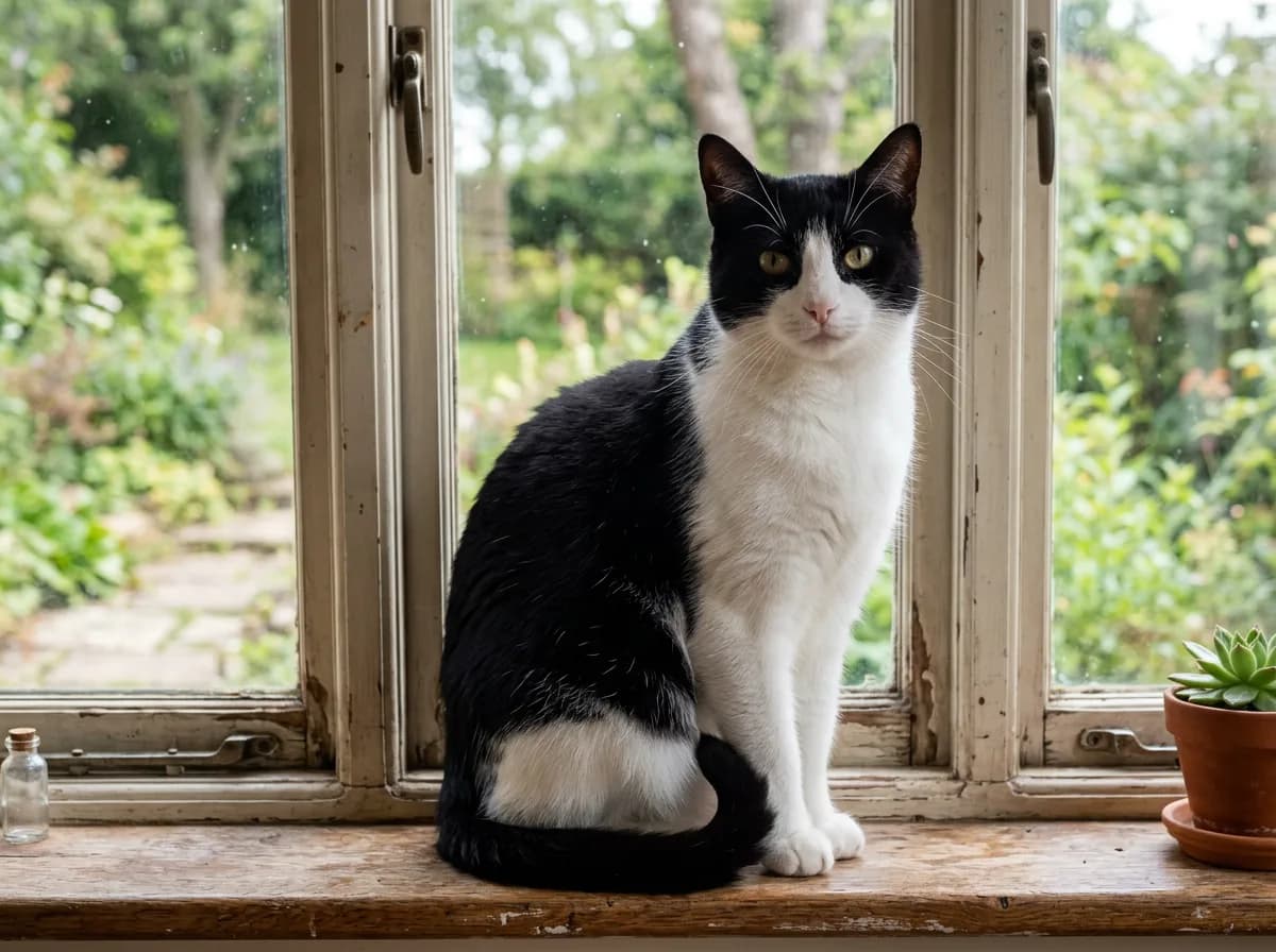 A true bicolor black-and-white cat that is roughly half white and half black in large blocks, with white on the legs, chest, and lower face, sitting upright