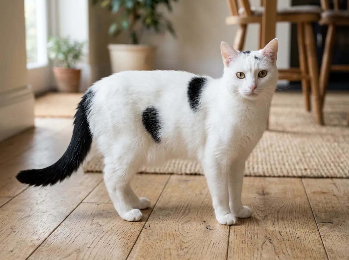 A predominantly white cat with a few bold random black patches on the body and a black tail, the harlequin pattern, standing and looking toward the camera